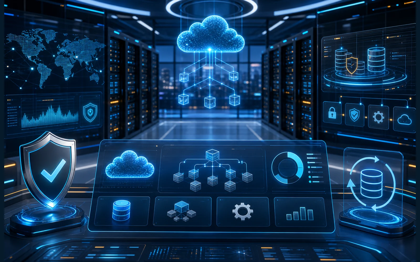 Visual operasi cloud, keamanan, backup, monitoring, dan keberlanjutan layanan digital.