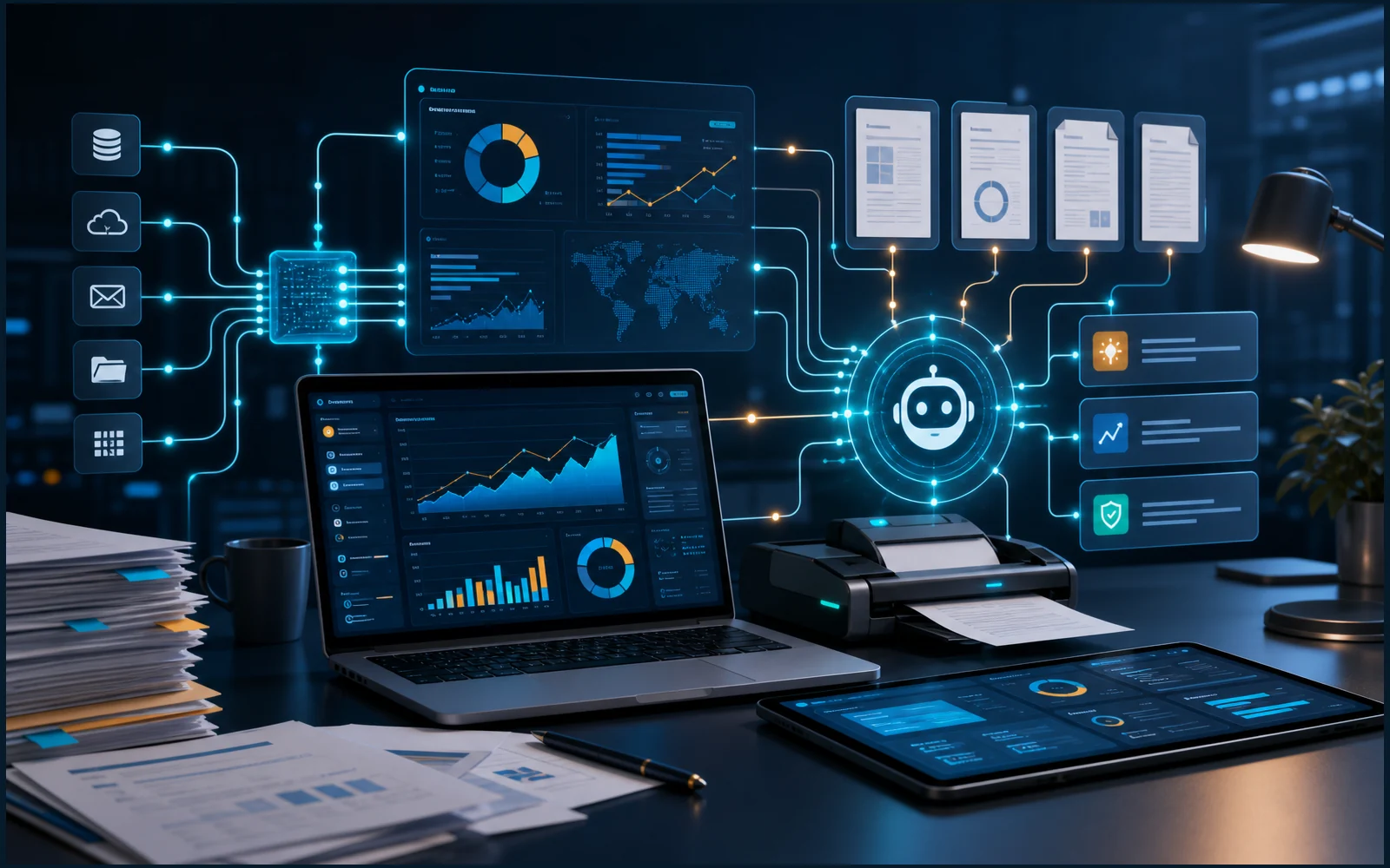 Dashboard data, alur integrasi dokumen, OCR, dan AI assistant untuk produktivitas organisasi.