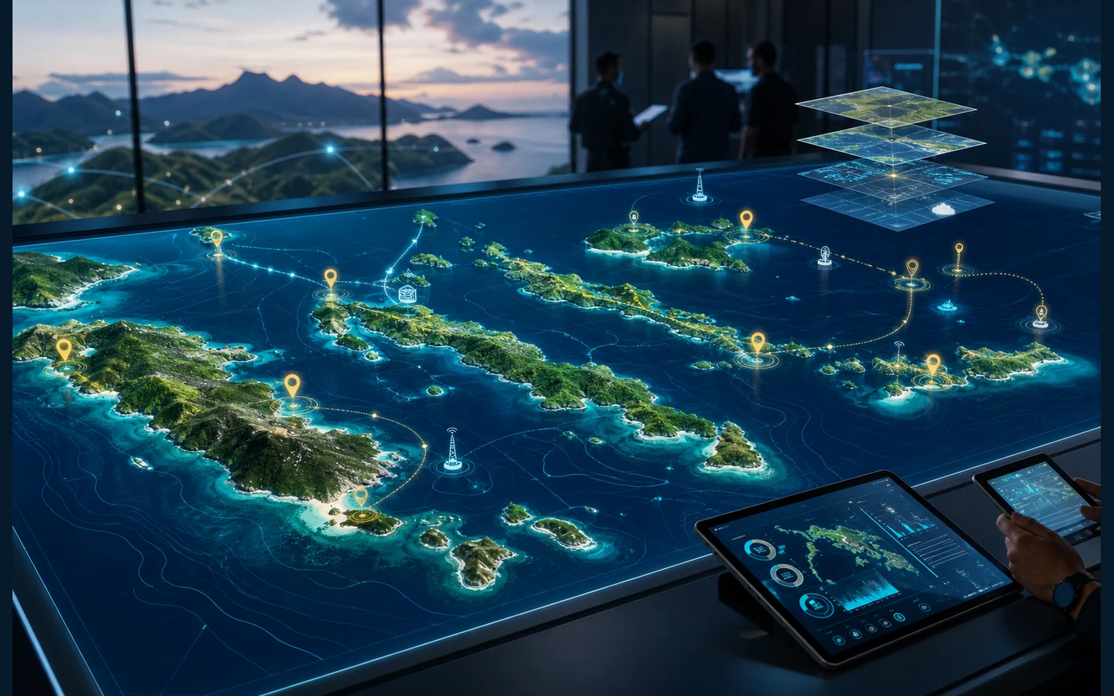 Peta geospasial wilayah kepulauan dengan pin aset, jalur konektivitas, dan tablet monitoring.